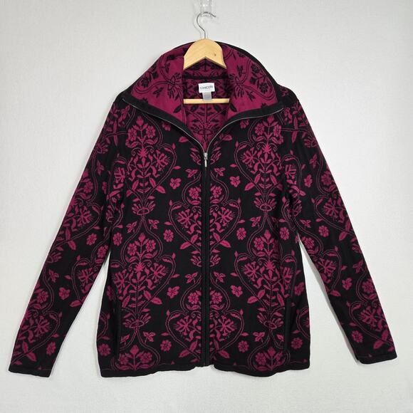 Chico's Silk Blend Cardigan Jacket sz 2 - L Black Magenta Pink Zip Front Pockets - Picture 13 of 13
